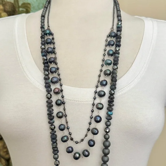 $285 NEW Chan Luu Peacock Pearl/Black Leather w Baroque Details Necklace ~Boho 🌺